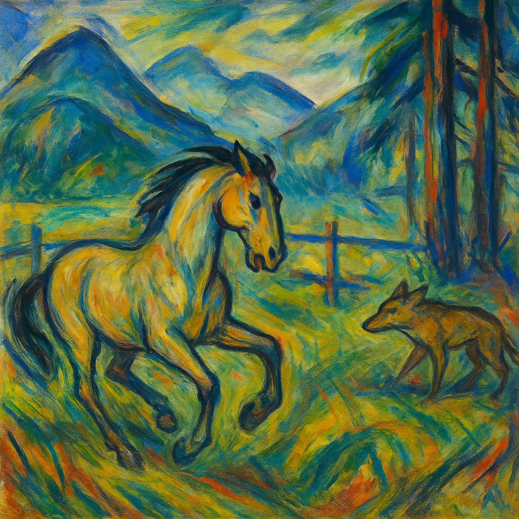 In the style of Franz Marc, create a horse startled from his rest. The horse is in a grassy field, fenced, with mountains in the background. The horse is a light tan with dark mane. The horse is sensitive to a coyote nearby, emerging from a stand of Ponderosa pines. The atmosphere is quiet and calm with some morning fog misting around. 