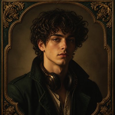 head-and-shoulders portrait of an original character: a young man with curly dark hair and headphones around his neck, plain backdrop, no text