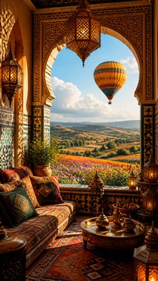 a hot air balloon drifting over rolling flower fields on a sunny day, cheerful, no text