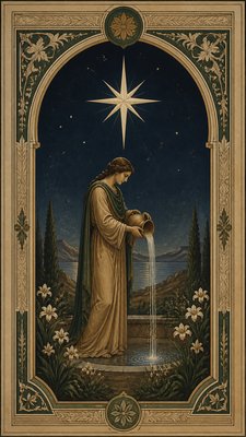 a robed figure pouring water beneath a large eight-pointed star in a night sky, symmetrical composition with an ornate decorative border, no text