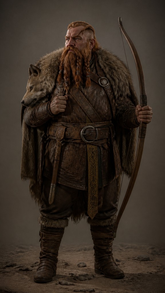 full-body original character: a dwarven ranger with a braided auburn beard, worn leather armor, a longbow and a wolf-pelt cloak, neutral background, no text