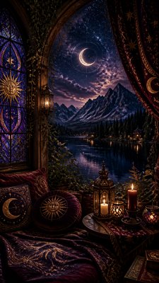a tranquil mountain lake beneath a starry night sky, no people, no text