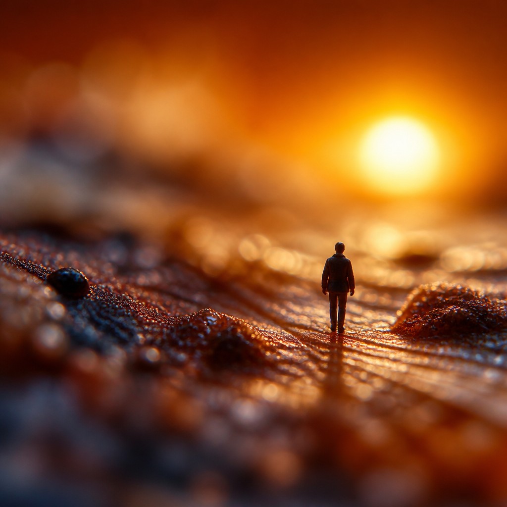 a solitary figure walking toward a glowing horizon across an empty plain, moody atmosphere, no text or lettering