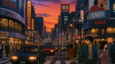 bustling city street panorama at dusk