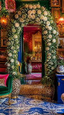 an arch of white roses and eucalyptus in soft morning light, elegant vertical composition with open space, no text