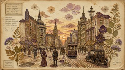 bustling city street panorama at dusk