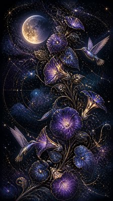 a climbing vine of flowers and hummingbirds on a dark background, tall wrapping composition, no text