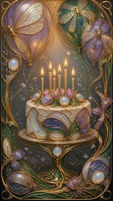 a birthday cake with lit candles surrounded by balloons and confetti, festive vertical composition, no text