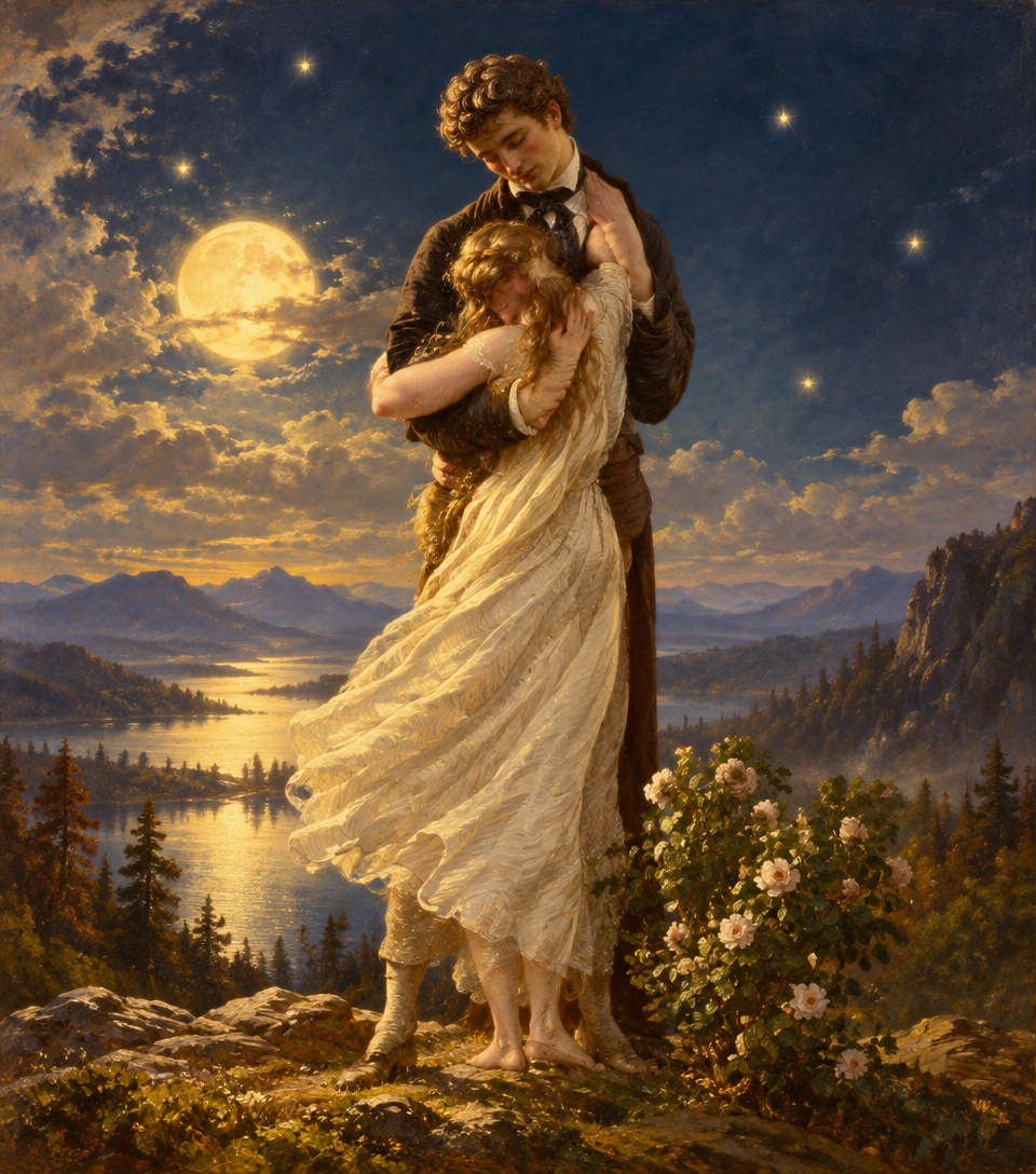 a painting of a man and a woman embracing
