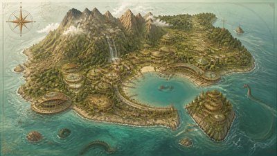 a map of an island realm with mountains, forests, a sheltered bay, sea monsters in the water and a compass rose, no text labels