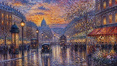 bustling city street panorama at dusk
