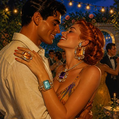 an original couple dancing under string lights in a garden at dusk: a man with short black hair in a linen shirt and a woman with braided red hair in a summer dress