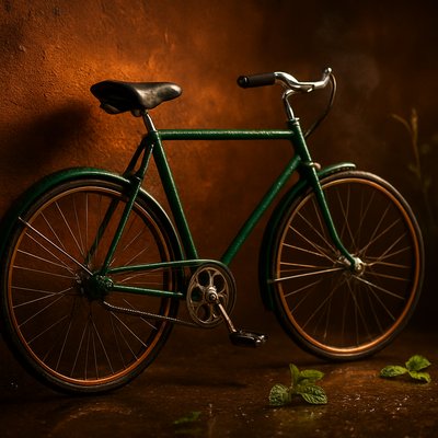 bicyle resting against a wall