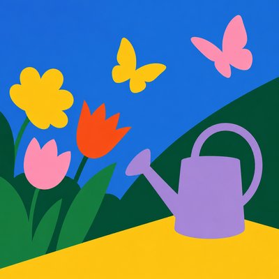 a garden scene with butterflies, flowers and a watering can, clean uncolored line art, no text