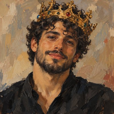 Gouache painting portrait of a young man with dark curly hair, short beard, wearing a black shirt, ornate gold crown with colorful jewels on his head. Soft warm lighting, neutral background. Matte opaque colors, visible brushstrokes, slightly textured watercolor paper effect, rich pigmentation, artistic flat style, expressive facial features, gentle smile. High detail, hand-painted illustration, traditional gouache medium, vibrant but muted palette. more painterly, less realistic. 
