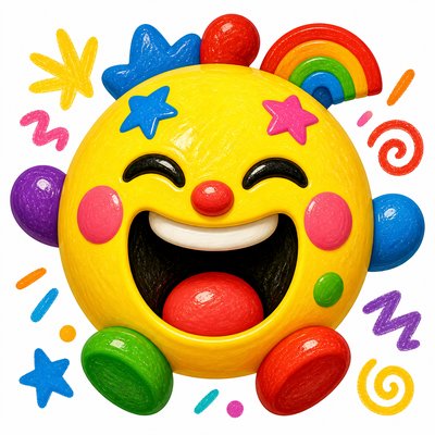 an exaggerated laughing face of an original round mascot character, bold and readable at small size, plain background, no text