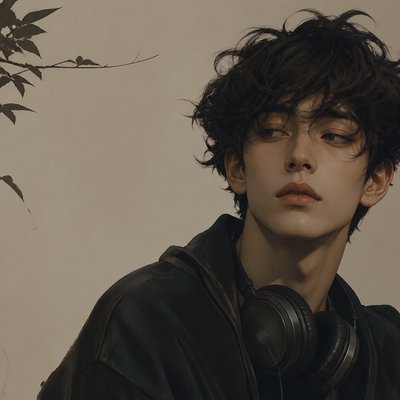 head-and-shoulders portrait of an original character: a young man with curly dark hair and headphones around his neck, plain backdrop, no text