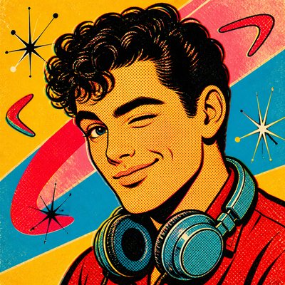 head-and-shoulders portrait of an original character: a young man with curly dark hair and headphones around his neck, plain backdrop, no text