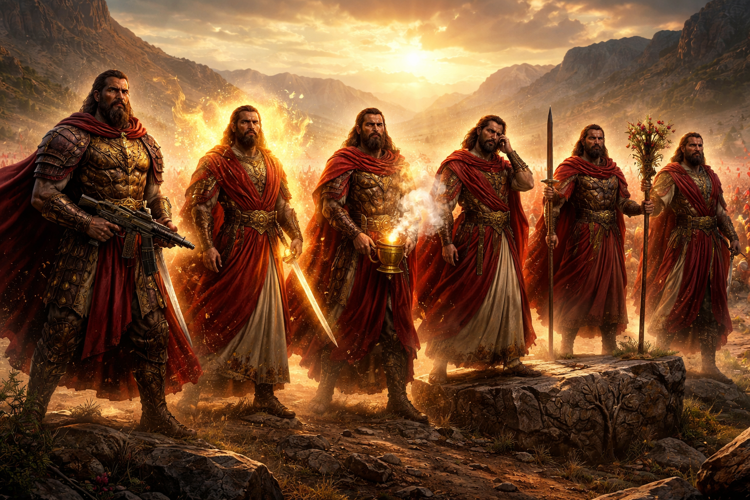 A wide, cinematic shot of six valiant ancient Hebrew warriors, the sons of Tola, standing in a vast desert valley. Each man is dressed in majestic tunics and sashes of deep scarlet, representing the Tola (scarlet worm) dye.Uzzi (My Strength): A massive, hulking commander in bronze-plated leather armor, prominently holding a modern tactical Uzi submachine gun with gold-inlay Hebrew engravings.
Jahmai (God Guards): Wrapped in a shimmering, protective golden aura that glows against his red robes.
Jibsam (Fragrant): Holding a golden censer emitting thick, fragrant clouds of white and scarlet-tinted incense. Shemuel (Heard of God): Posed in a moment of stillness, hand cupped to his ear as a faint golden light enters his mind.
Jeriel (Founded by God): Standing firmly atop a massive, ancient cornerstone carved with kermes oak branches.
Rephaiah (God Heals): Holding a wooden staff entwined with medicinal herbs and blooming red flowers. In the background, a massive army of 22,600 soldiers, all wearing scarlet standards, stretches to the horizon. High-contrast lighting, dramatic sunset, grit and hyper-detail, 8k resolution, biblical epic style. No text or letters on screen.