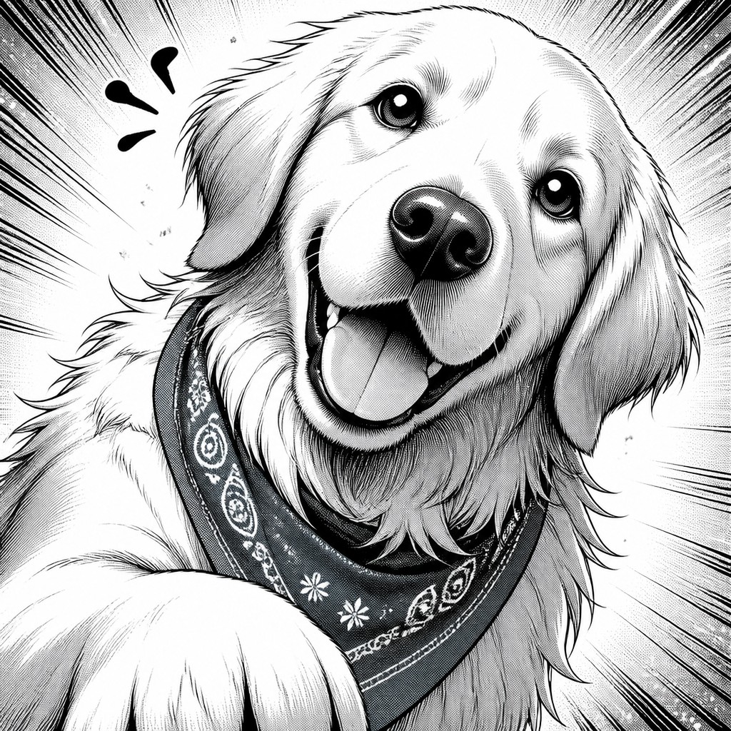 portrait of a golden retriever wearing a blue bandana, warm plain backdrop, no text