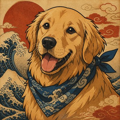 portrait of a golden retriever wearing a blue bandana, warm plain backdrop, no text