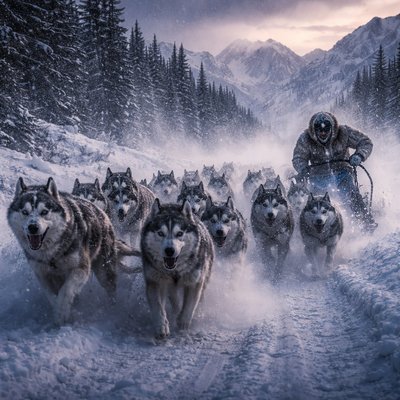 Epic Adventure Photography Style, Cinematic Color Grading, Sub-Zero Atmosphere. A harrowing, dynamic wide-angle landscape photograph capturing the intensity of a long-distance dog sled race (like the Yukon Quest or Iditarod) in the dead of winter.

The Action & Subjects: A lead team of sixteen powerful Siberian Huskies and Alaskan Malamutes is charging directly toward the camera along a narrow, wind-blown trail. Their fur is heavily caked in ice and rime frost, and massive, crystalline plumes of frozen breath explode from their panting mouths. The musher, bundled in heavy, frost-covered furs and technical gear with goggles obscuring their face, leans aggressively into a turn on the sled, fighting to maintain control.

The "Cinematic Cold" Environment: The setting is a vast, unforgiving frozen riverbed surrounded by towering, snow-laden spruce trees and distant, jagged, glaciated mountain peaks. The air is thick with blowing snow and ice fog.

The Lighting & Mood: The scene is lit by the deep, biting blues and purples of polar twilight. A weak, cold orange glow from a distant, low sun just barely kisses the tops of the mountains, offering no warmth. The overall color palette is desaturated and cool. The image should feel incredibly vast, isolating, and brutally freezing. Film grain texture.