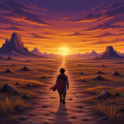 a solitary figure walking toward a glowing horizon across an empty plain, moody atmosphere, no text or lettering