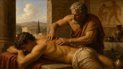 illustration depicting an ancient greek gymnasium trainer treating the sore back muscles of a greek athlete