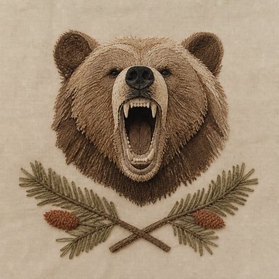 a roaring bear head above crossed pine branches, bold graphic composition on a plain background, no text