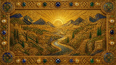a vast valley with a river winding toward distant mountains at sunrise, no people, no text