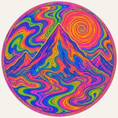 an emblem of a mountain peak inside a circle, simple bold shapes on a plain background, no text or lettering