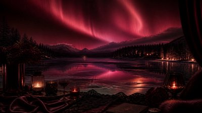 a sweeping aurora over a frozen lake, no people