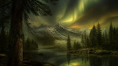 a flowing aurora over snowy peaks, wide sweeping composition, no people, no text