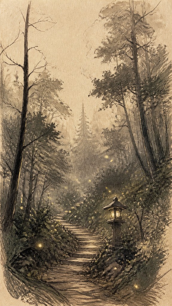 a mysterious forest path with fireflies and drifting mist, atmospheric vertical composition with open space at the top, no text