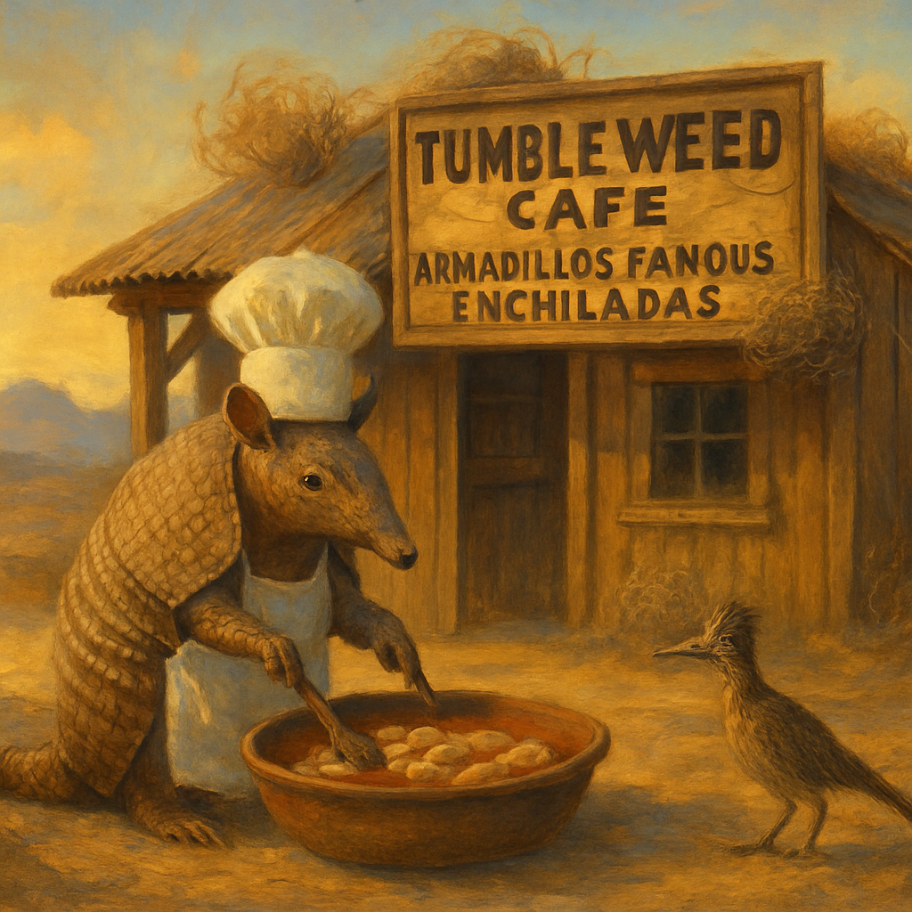 An armadillo wearing a chef's hat and apron, making enchiladas at a rustic desert cafe called "Tumbleweed Cafe - Armadillo's Famous Enchiladas." The cafe is a small wooden shack with a corrugated metal roof, adorned with tumbleweeds. In the background, there's a desert landscape and distant mountains under a warm, late afternoon sky. A roadrunner is nearby, curiously watching the armadillo cook