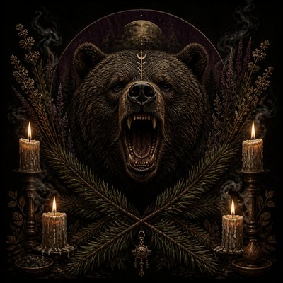 a roaring bear head above crossed pine branches, bold graphic composition on a plain background, no text