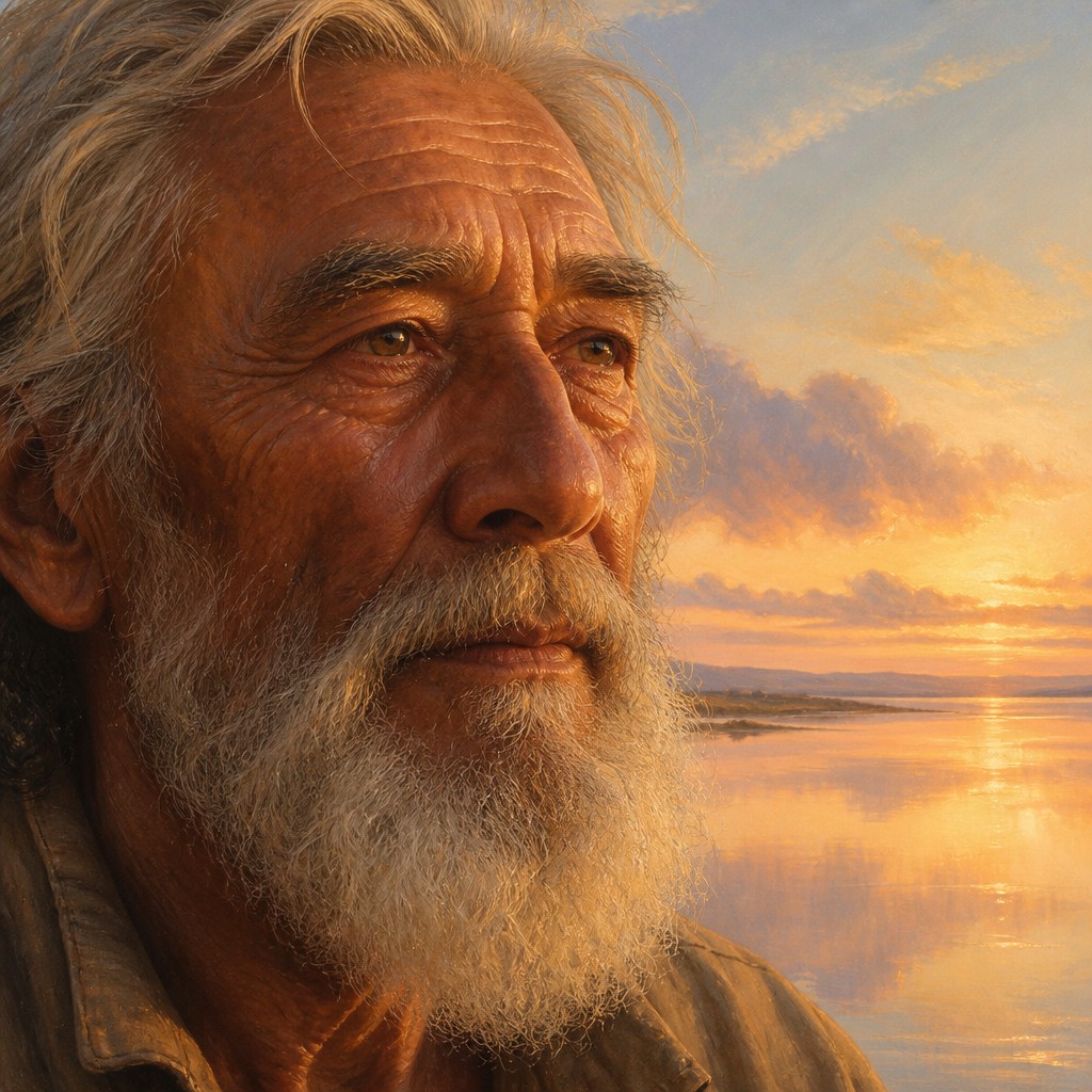 close-up portrait of an elderly person with expressive weathered features — Luminism Art Style