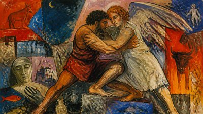 ancient theme of Jacob wrestling with an angel
