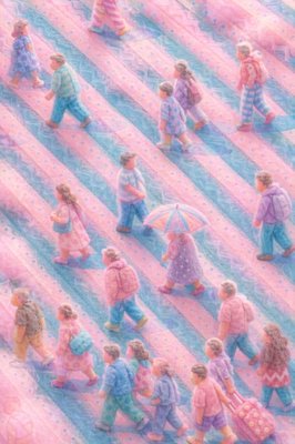 a group of people walking across a pink and blue field