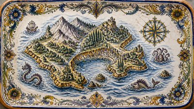a map of an island realm with mountains, forests, a sheltered bay, sea monsters in the water and a compass rose, no text labels