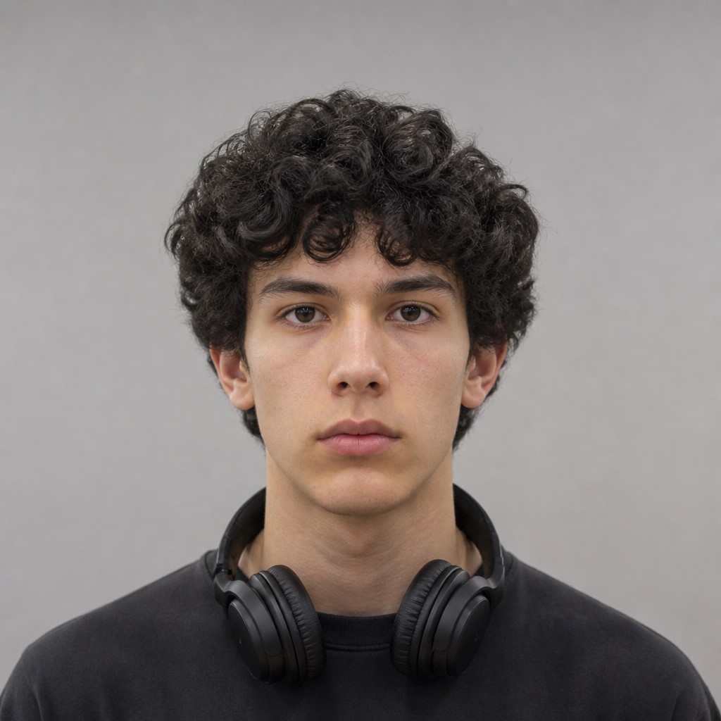 head-and-shoulders portrait of an original character: a young man with curly dark hair and headphones around his neck, plain backdrop, no text