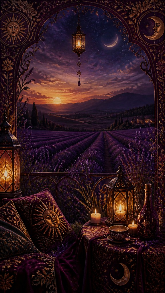 a field of lavender stretching to distant hills at dusk, no people