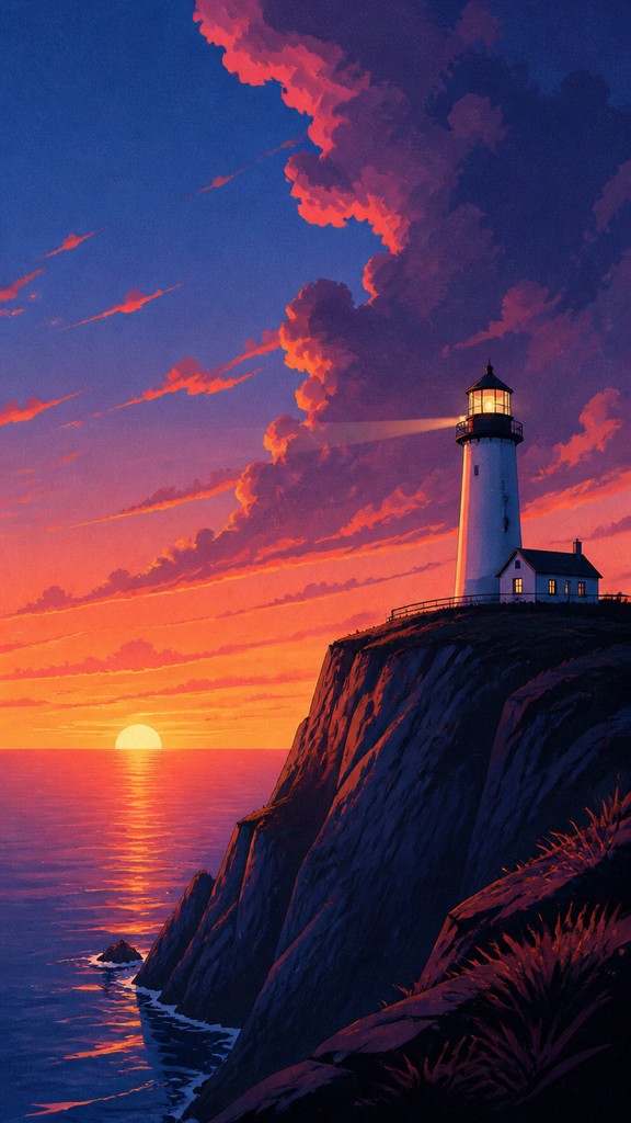 a lone lighthouse on a cliff at dusk under a dramatic sky, no text or lettering