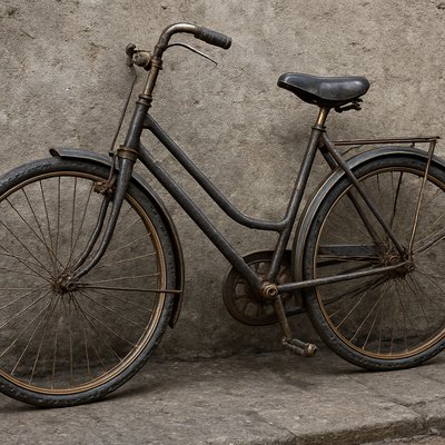 bicyle resting against a wall