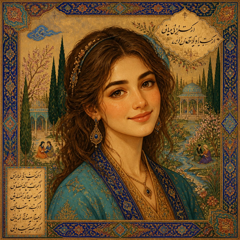 head-and-shoulders portrait of an original character: a young woman with wavy chestnut hair and a warm smile, plain soft backdrop