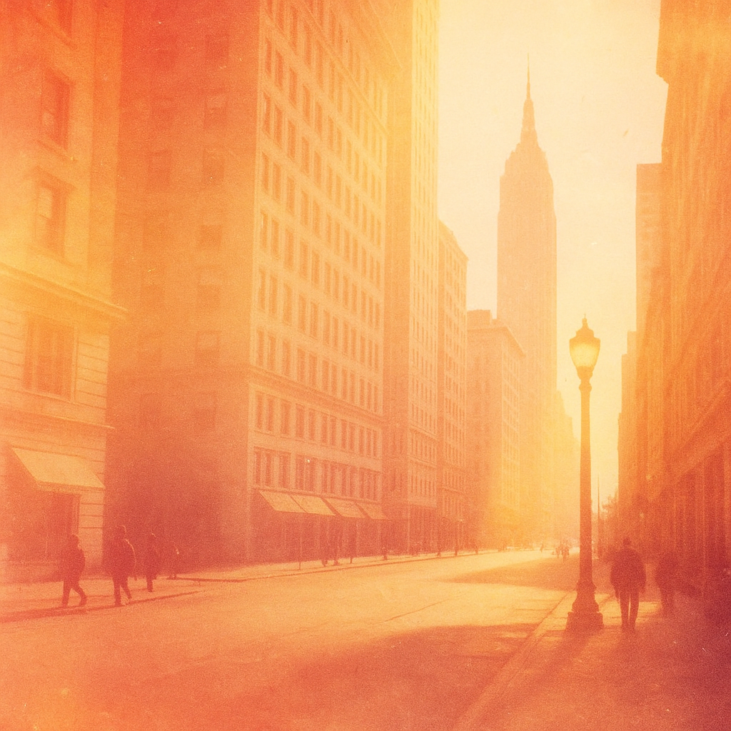 a city street with tall buildings and people walking
