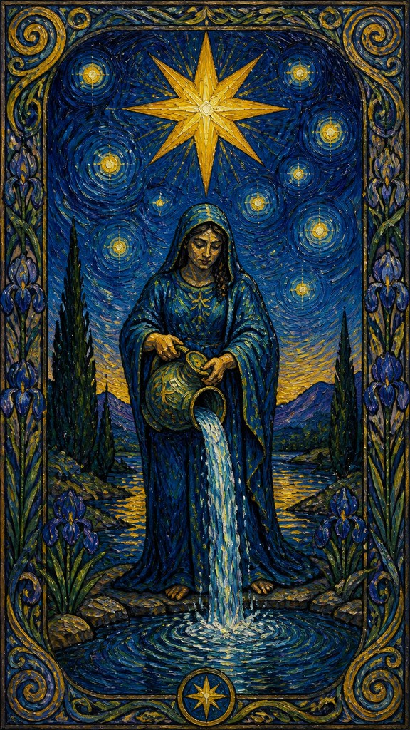 a robed figure pouring water beneath a large eight-pointed star in a night sky, symmetrical composition with an ornate decorative border, no text
