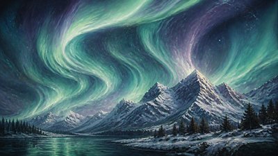 a flowing aurora over snowy peaks, wide sweeping composition, no people, no text