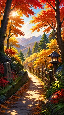 a winding forest path in golden autumn light, no people