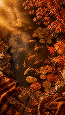 a koi pond with lily pads seen from above, no people